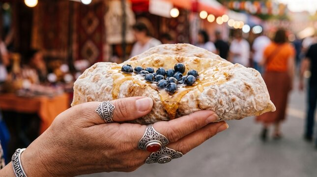 Woman Hand with Traditional Silver Rings Holding Lavash Bread with Fresh Honey and Blueberries