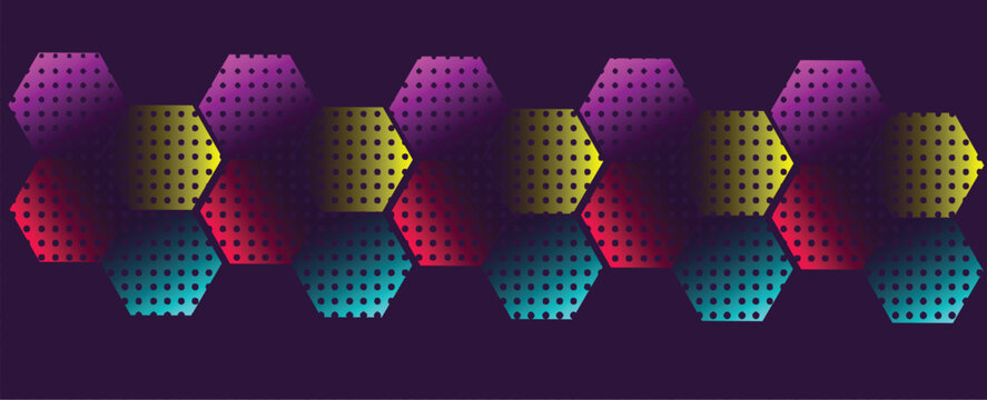 Geometric abstract business background with elegant multicolored hexagon cells. Creative dark violet layout with grid patterned honeycomb structures for digital tech banner template