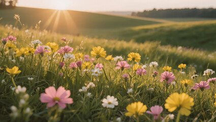 Obraz premium Morning sunlight through wildflowers, gentle breeze, dreamy glow, peaceful summer