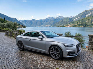 Naklejka premium A modern silver sports car parked on a stone road by a beautiful blue lake with mountains in the background during a bright and sunny summer day in italy