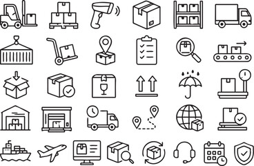 Fototapeta premium Professional logistics vector icon set featuring various warehouse shipping delivery transport and supply chain management symbols in black line art