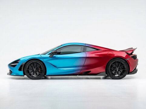 Modern luxury sports car with a dual tone blue and pink gradient paint job parked in profile view representing high speed performance and automotive design style