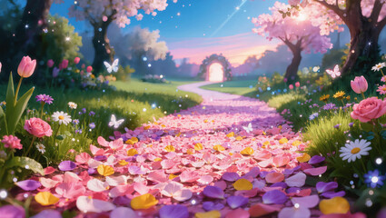 Obraz premium Garden path covered in flower petals, magical realism