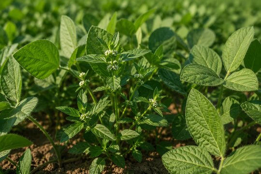 Borreria weed growing among healthy soybean plants in agricultural field showing crop competition