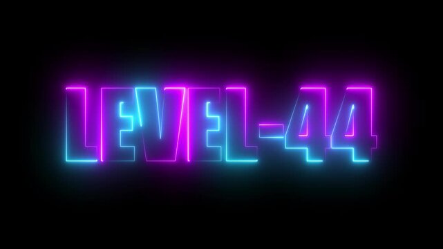 Level -44 neon bright text font, colorful motion animation. Ideal for futuristic game intros animation. Neon level 44 up sing on a black background.4k video.