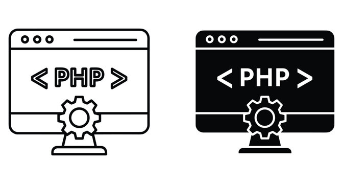 PHP web development programming language icon set featuring browser window with code brackets and gear symbol for backend server configuration