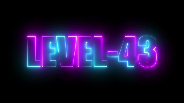 Level -43 neon bright text font, colorful motion animation. Ideal for futuristic game intros animation. Neon level 43 up sing on a black background.4k video.