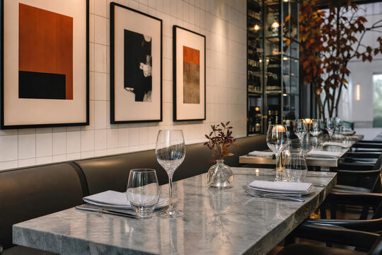 Contemporary Cafe Dining Gallery Wall Table With Natural Restaurant Colors