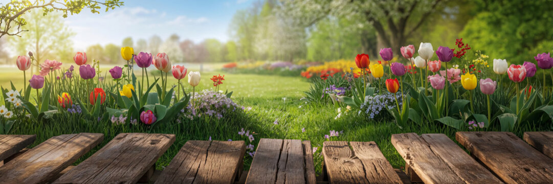 Beautiful spring garden landscape featuring colorful tulips and a rustic wooden walkway in the sunlight
