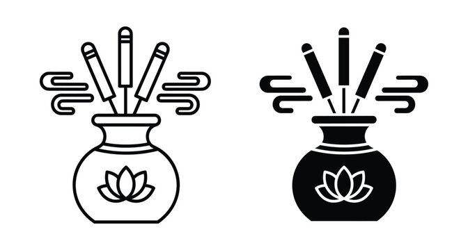 Incense burner icon set with joss sticks and smoke in ceramic pot featuring lotus flower design for meditation and spiritual rituals