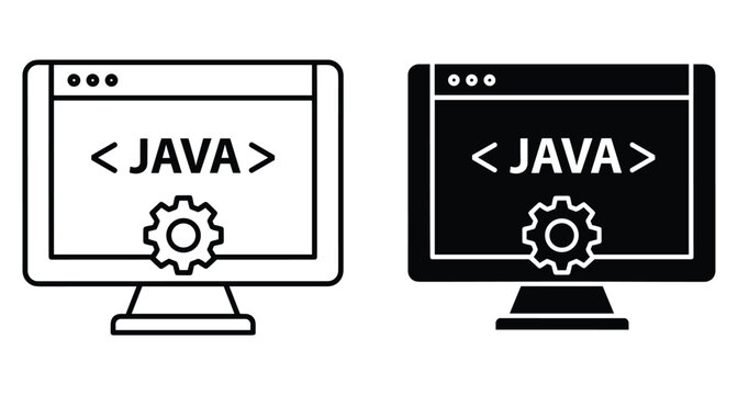 Java programming language icon set showing computer monitor with code brackets and gear symbol for software development and backend engineering