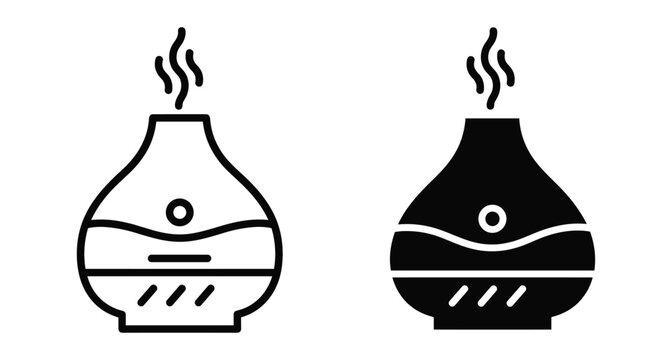 Essential oil diffuser and humidifier icon set featuring linear and solid black glyph styles for aromatherapy wellness and home spa