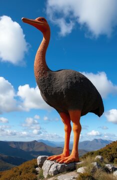 Giant moa statue stands tall on rocky outcrop against blue sky and distant mountains. This extinct flightless bird is a tourist attraction in New Zealand. Outdoor landmark.