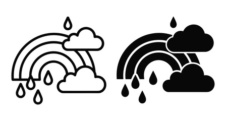 Obraz premium rainbow icon set with clouds and raindrops in outline and solid silhouette styles for weather forecasting and nature design projects
