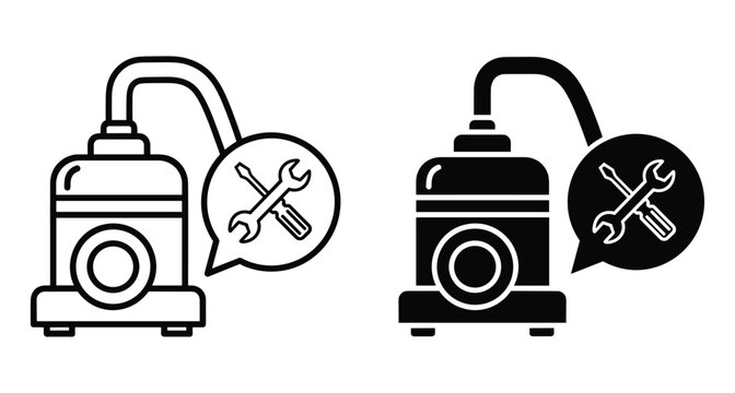 Vacuum cleaner repair service icon set featuring outline and silhouette styles with wrench and screwdriver tools for maintenance and technical support