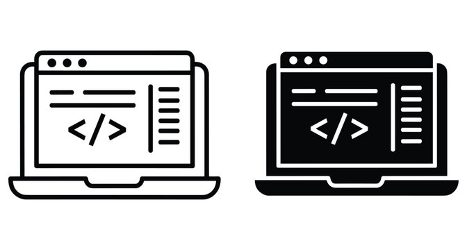 Laptop computer with coding browser window icon set showing programming script development software engineering web design and application building interface