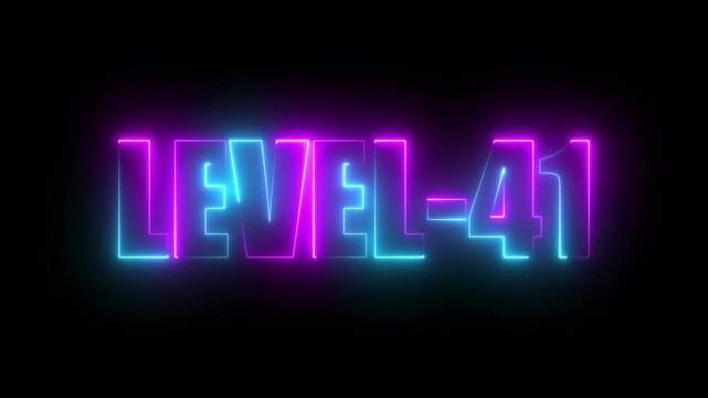 Level -41 neon bright text font, colorful motion animation. Ideal for futuristic game intros animation. Neon level 41 up sing on a black background.4k video.