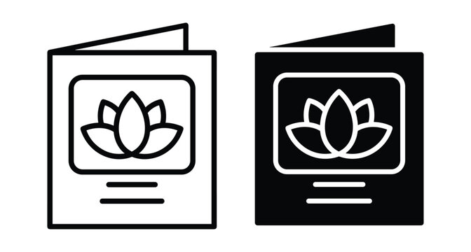 Greeting card icon set with lotus flower design featuring outline and solid styles for invitation brochure or spa menu
