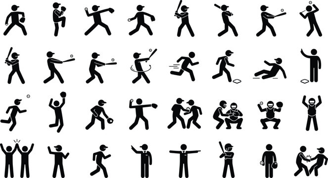 Set of black stick figure icons showing various baseball players in action including batting pitching catching running sliding and umpire signals for sports design projects