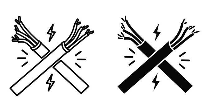 Broken electrical cable icon set showing damaged wires with sparks representing short circuit danger power failure and maintenance repair needs