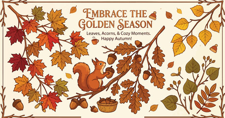 Abstract autumn background illustration with squirrel holding acorn and colorful falling leaves border layout © Graphics by hamid