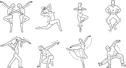 Dance styles line art set with ballet dancers contemporary choreography partners lift and hip hop breakdance vector outlines © fulbabu