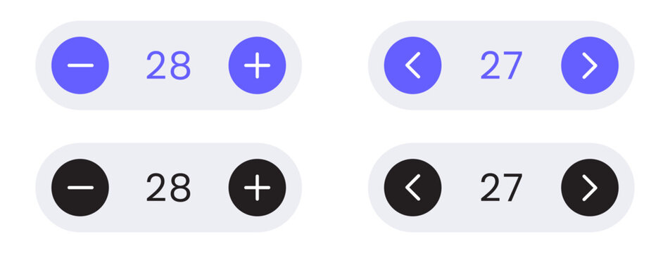 UI number counter and navigation arrows set with plus minus and prev next buttons in modern flat design