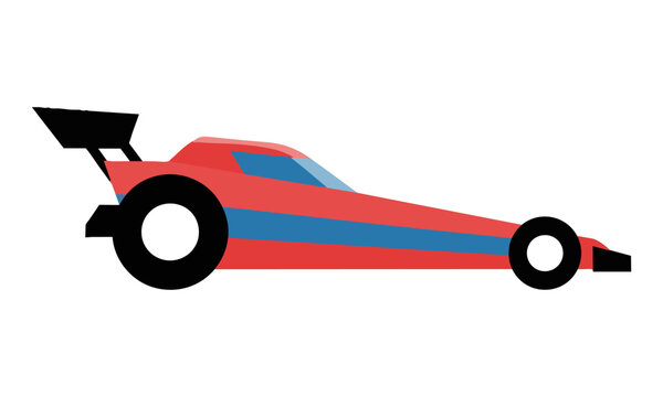 Red cartoon dragster racing car with large rear wheels and aerodynamic body on white background. Speed and automotive concept