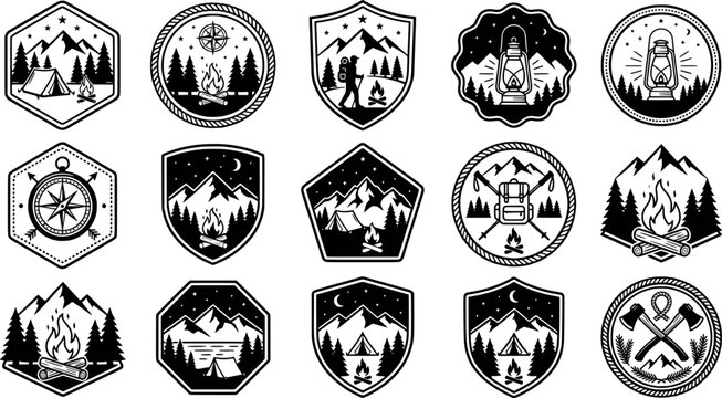 Set of camping and outdoor adventure badges, emblems and logos with mountains, tents, campfires, compasses and hiking gear transparent background