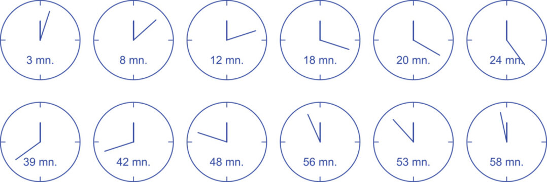 Minimalist clock icon set showing various minute intervals, blue line art timer collection, 12 vector clock faces for time management and scheduling