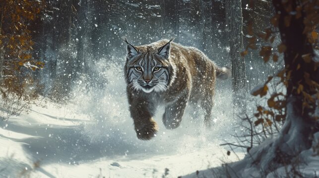 A lynx running through a snowy forest.