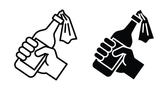 Hand holding Molotov cocktail bottle with rag wick icon set for protest revolution riot violence incendiary weapon symbol graphic design