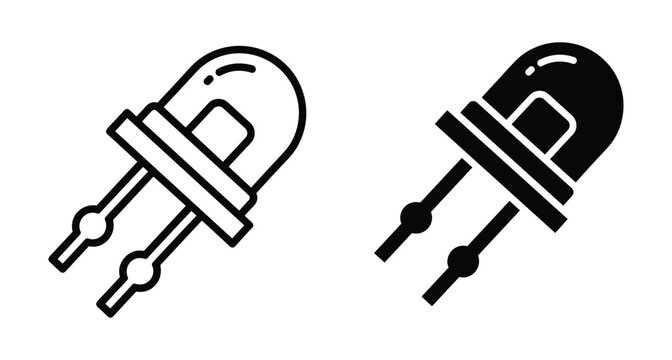 LED light emitting diode electronic component icon set in outline and solid black style for circuit design and technology projects