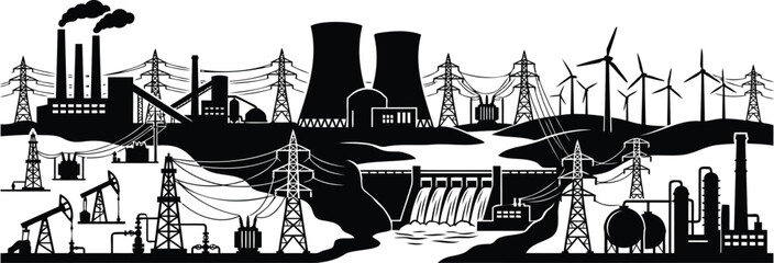 Obraz premium Black silhouette illustration of various power plants and energy production sites
