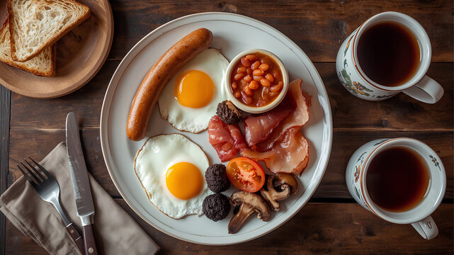 Hearty morning meal with sunny side up eggs, mushrooms, tomatoes and coffee, studio shot