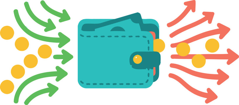 Wallet receiving and losing money represented by coins and arrows concept for financial flow income expense.