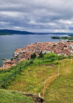 Top view from of the maggiore lake from the hill in arona, italy