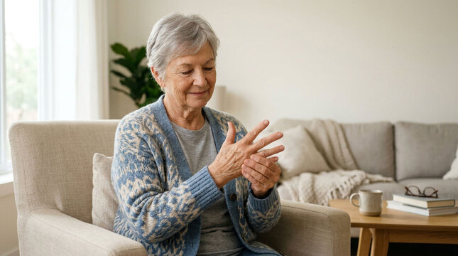 Elderly woman experiencing joint pain while massaging her hand at home