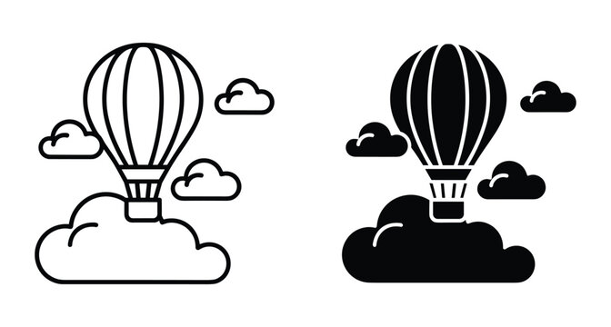 Hot air balloon flying through clouds icon set with outline and solid black silhouette styles for travel and adventure design