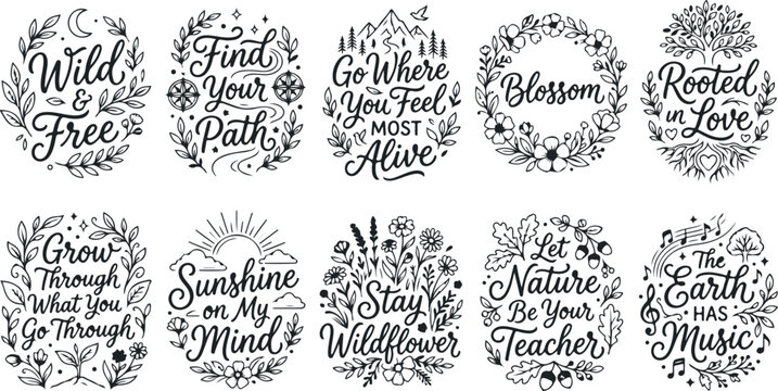 Wild and free lettering with moon and stars in circle, go where you feel most alive nature mountain scene.