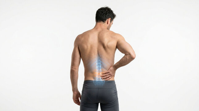 Fit shirtless man showing lower back pain with digital spinal injury illustration backpain muscular vertebrae healthcare discomfort physical orthopedic visualization diagnosis treatment