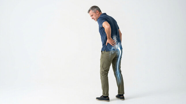 Man experiencing severe lower back pain with digital spine overlay backpain vertebrae healthcare discomfort physical orthopedic visualization diagnosis wellness treatment