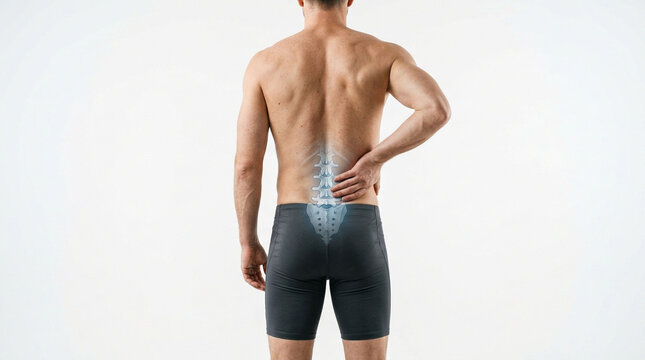 Shirtless man suffering from spinal injury highlighted with digital medical overlay backpain vertebrae healthcare discomfort physical orthopedic visualization diagnosis muscular treatment