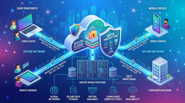 Secure cloud infrastructure with data protection with encrypted network connections connections remote workers workers mobile devices cloud computing