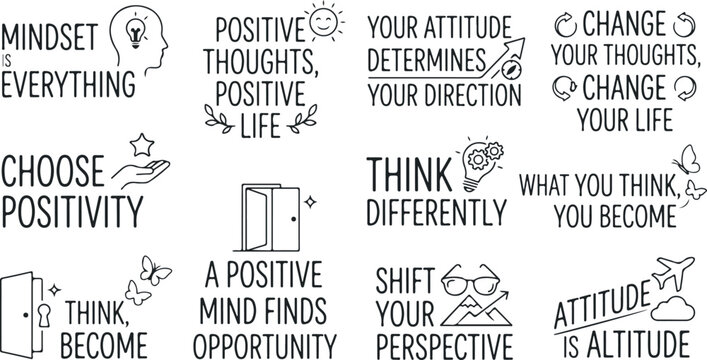 Mindset transformation and positive thinking quotes with symbolic illustrations like lightbulb and open door.