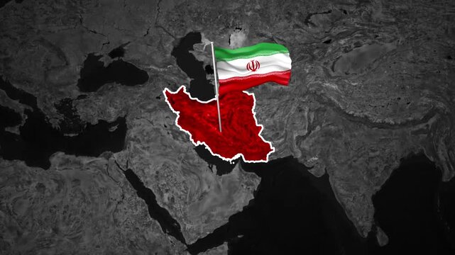 Iran nation map highlighted in bright red on a dark grayscale world background with the national flag waving gently above in this high quality 3d motion animation digital video clip