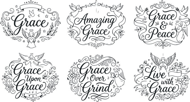 Religious grace quotes with angelic and floral elements hand drawn lettering for spiritual inspiration.