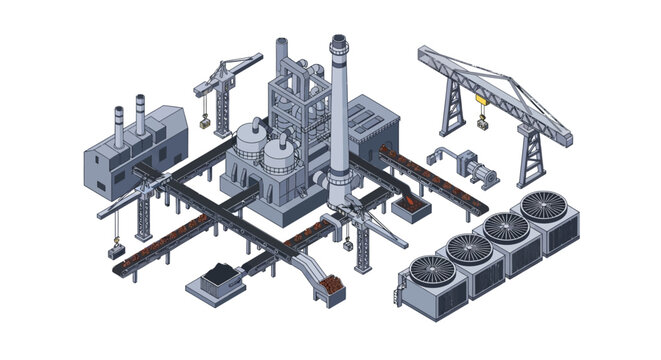 Isometric illustration of a modern industrial factory with machinery and equipment.