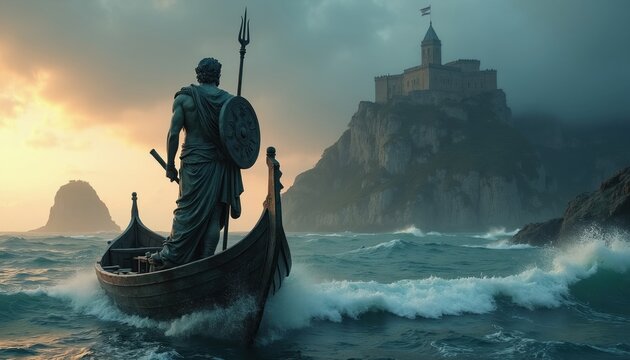 Heroic statue stands in ancient boat sailing stormy sea towards castle on rocky cliff. Warrior with shield trident navigates turbulent water under dramatic misty sky at sunrise.