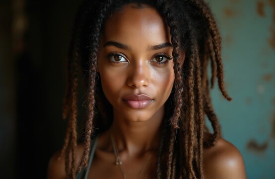 Young woman with long dreadlocks gazes forward. Her confident expression, beautiful face, and stylish hair represent individuality and modern beauty standards. Natural light accentuates her features.